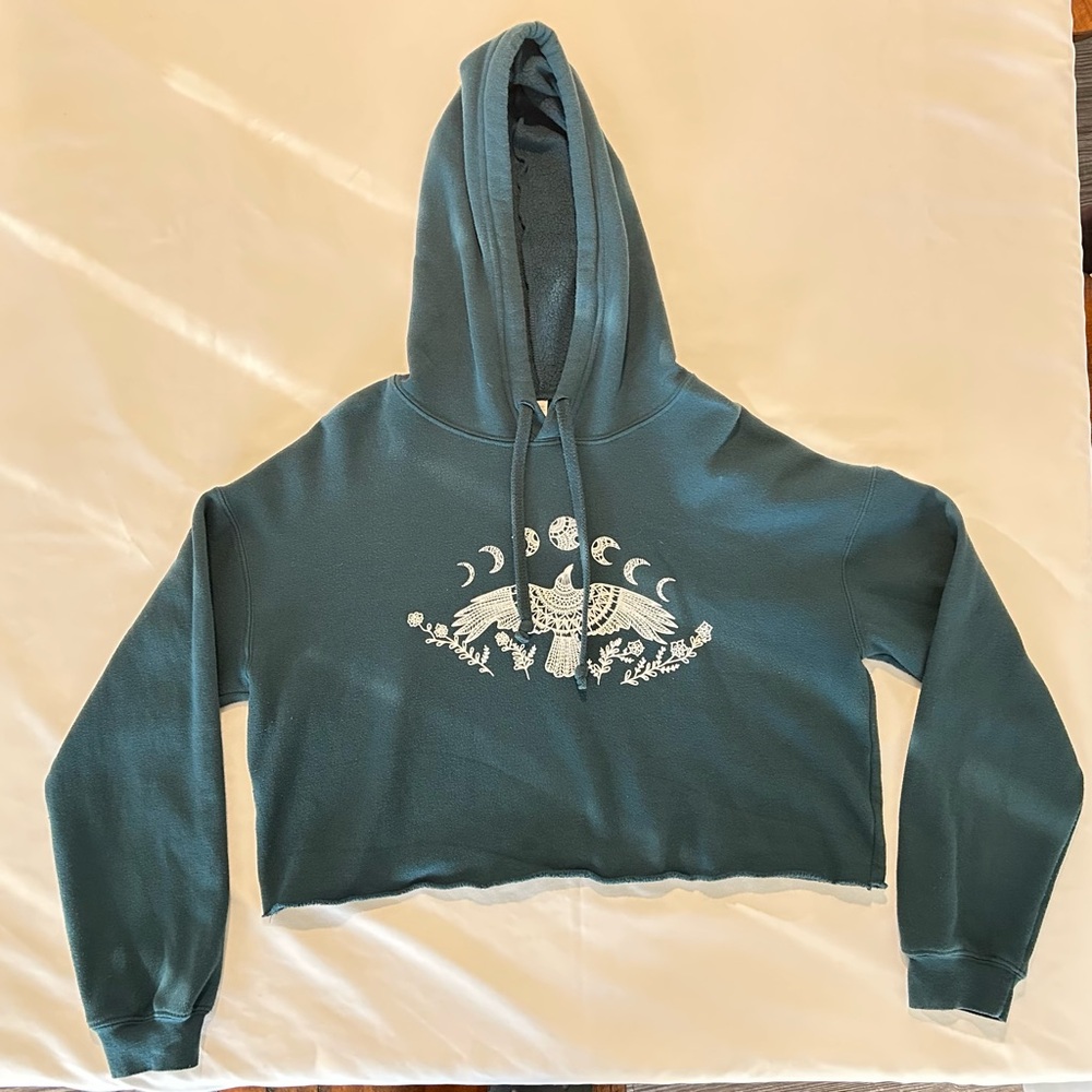 Teal Cropped Hooded Sweater with Raven Moon Phase Design